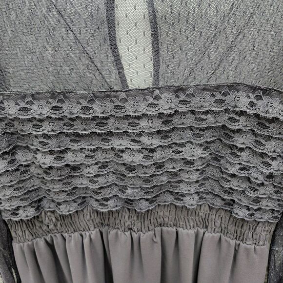 Free People Mini Dress Womens 8 Smocked Lace Chiffon Gray Lined Boho Chic - Picture 5 of 16
